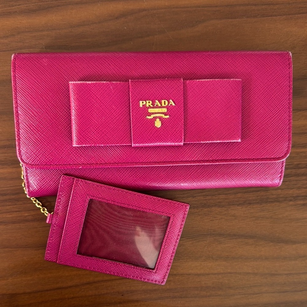 Prada Saffiano Lux Bow Wallet in Pink with Card Holder Chain